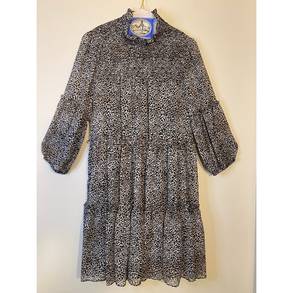 Just Taylor Leopard Print Smocked Tiered Mini Dress Brown Black Small